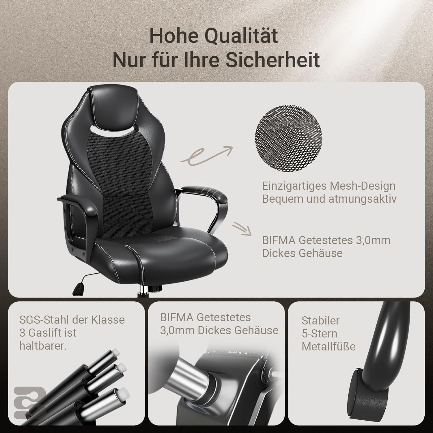 Bürostuhl Chefsessel 150kg ergonomisch Bürosessel Gaming Stuhl PU Leder
