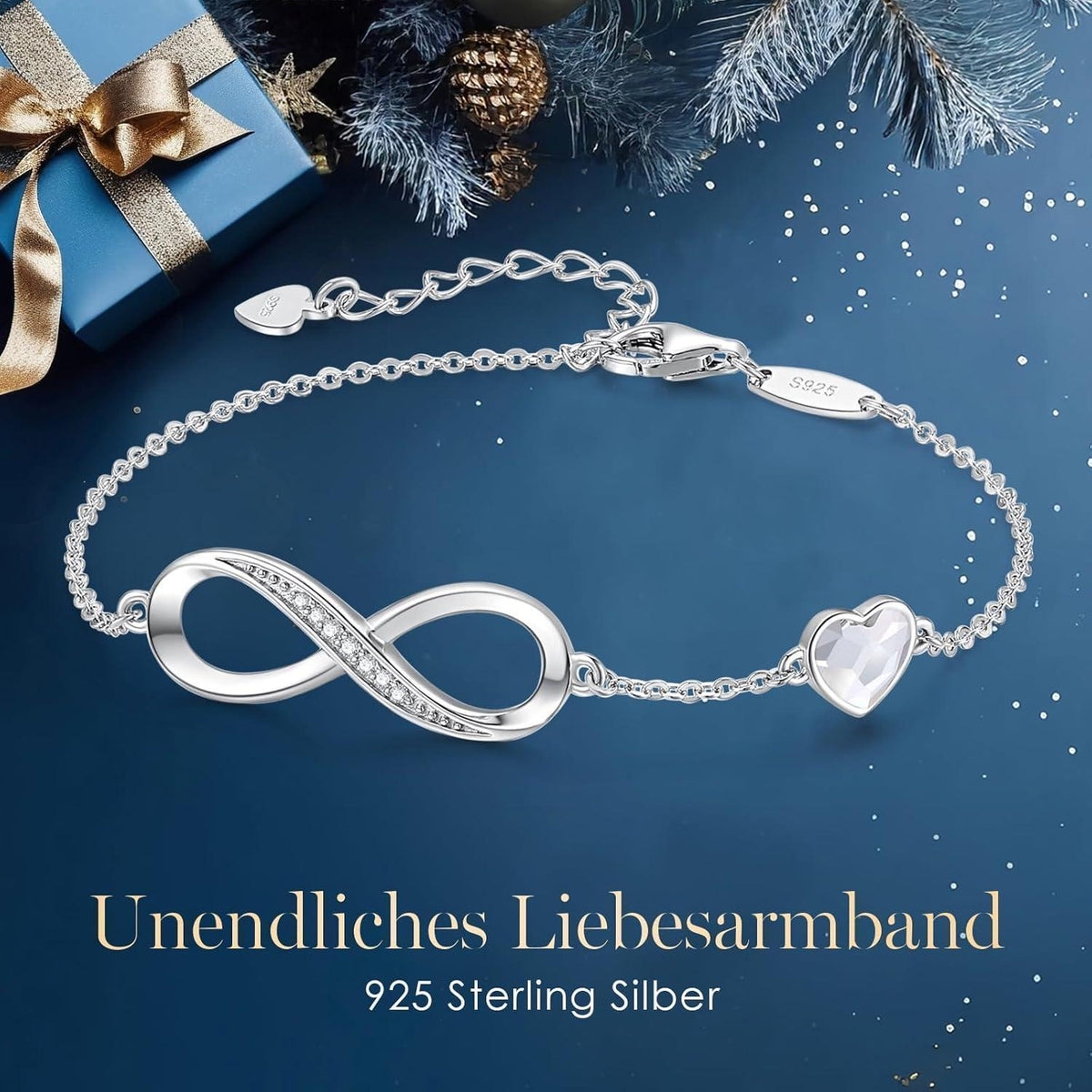 Unendlichkeitsarmband Damen 925 Sterling Silber Herz Kristall Armkette