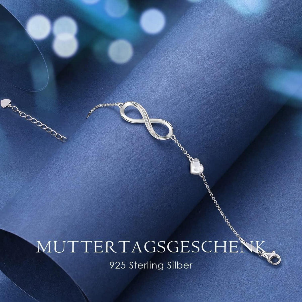 Unendlichkeitsarmband Damen 925 Sterling Silber Herz Kristall Armkette