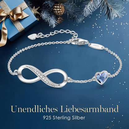 Unendlichkeitsarmband Damen 925 Silber Herz Kristall Armkette