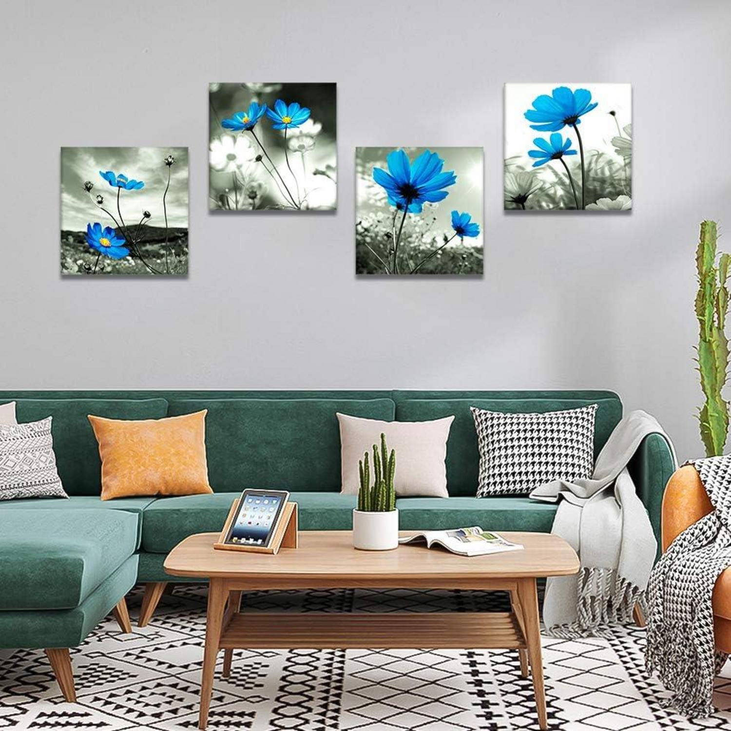 Moderne Blaue Blumen Leinwandbilder 30x30cm 4-teilig