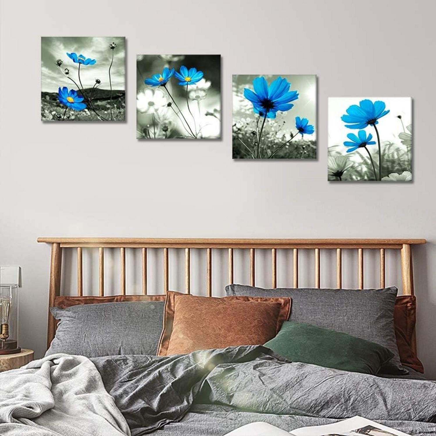 4-teilig Leinwandbilder Blaue Blumen Kunstdruck 30x30cm Wanddekoration