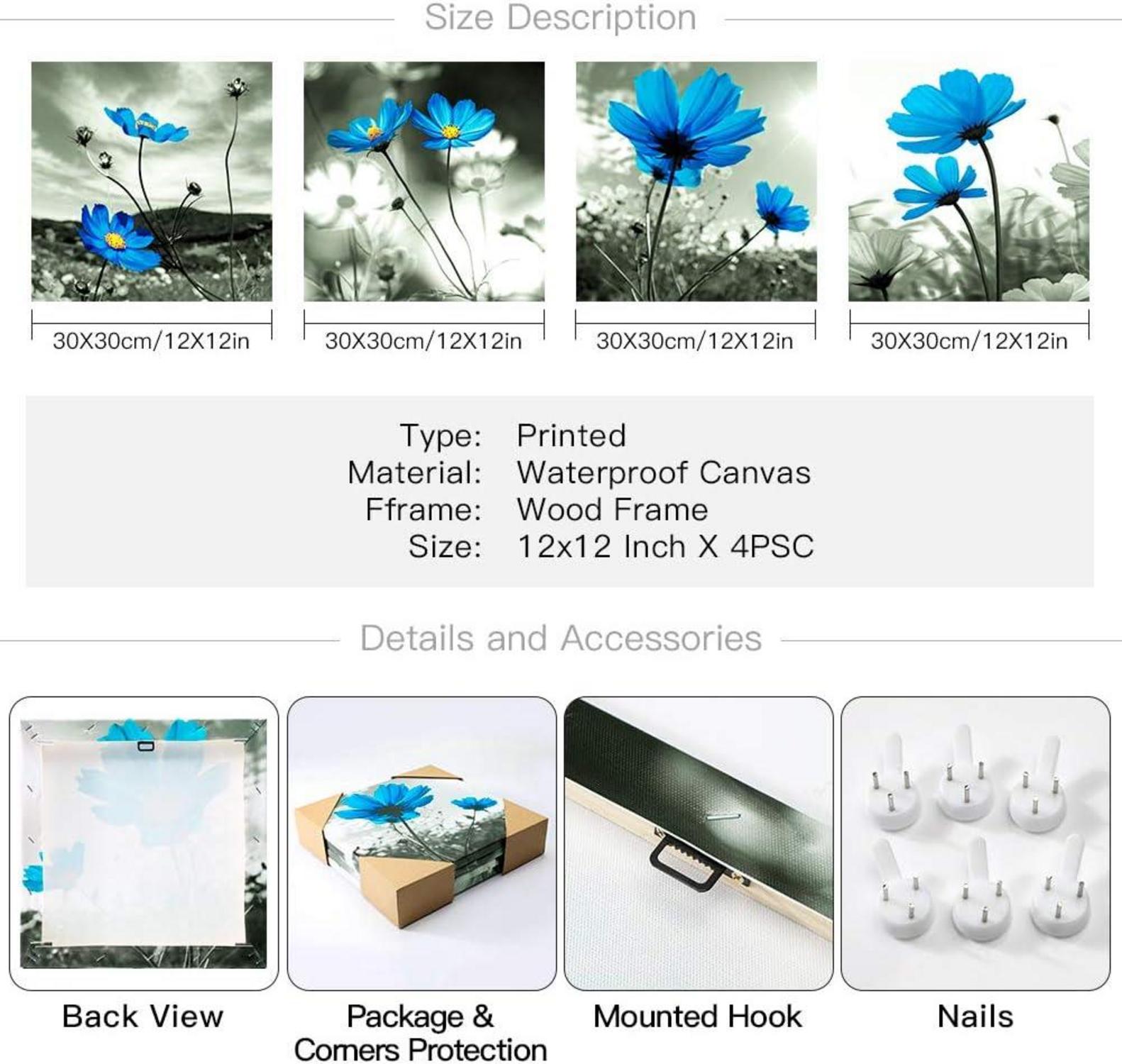 4-teilig Leinwandbilder Blaue Blumen Kunstdruck 30x30cm Wanddekoration