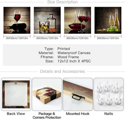 Moderne Leinwandbilder 4-teilig Weinglas Kunstdruck 30x30 cm