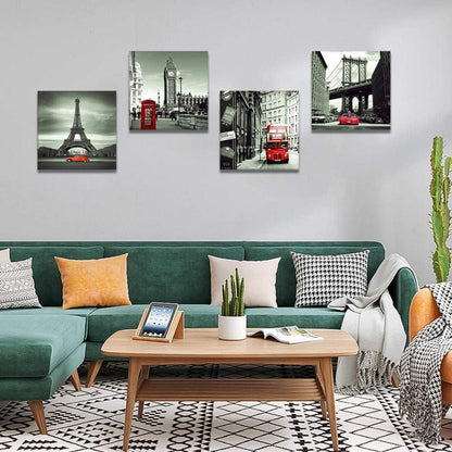 4-teiliges Leinwandbild Set Rotes Stadtbild Kunstdruck