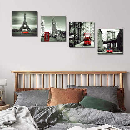 Moderne 4-teilige Leinwandbilder Rotes Stadtbild Kunstdruck 30x30cm