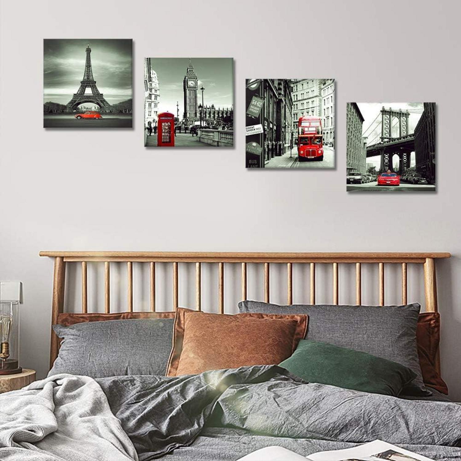 Moderne 4-teilige Leinwandbilder Rotes Stadtbild Kunstdruck 30x30cm