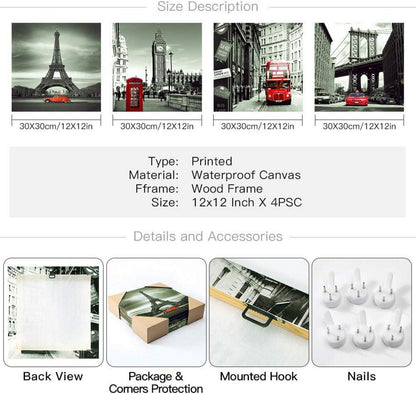 Moderne 4-teilige Leinwandbilder Rotes Stadtbild Kunstdruck 30x30cm