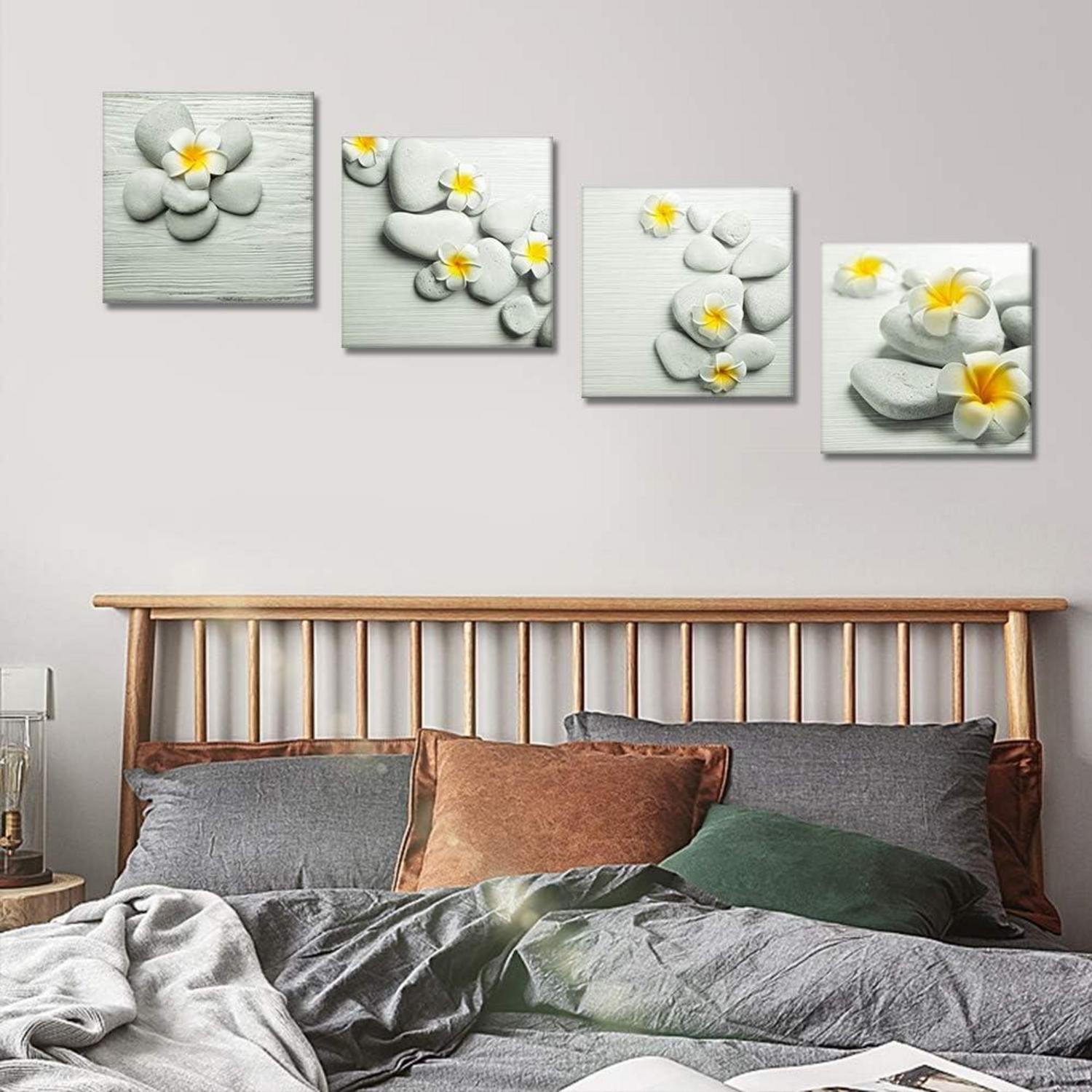 4-teiliges Leinwandbild Stein gelbe Blumen - Moderne Wanddeko 30x30 cm