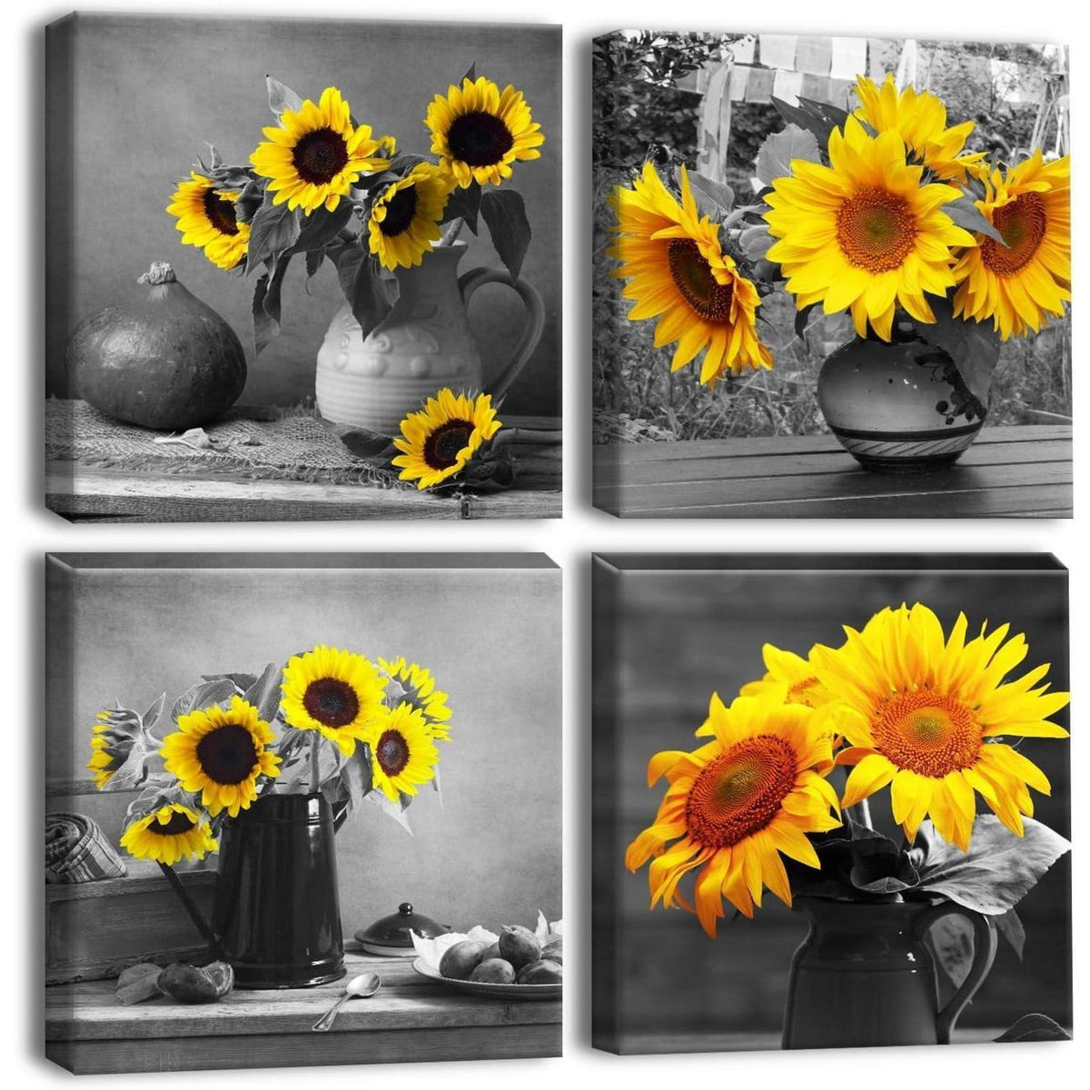 4-teilig Leinwandbild Sonnenblume & Grau - Moderne Wanddekoration 30x30 cm
