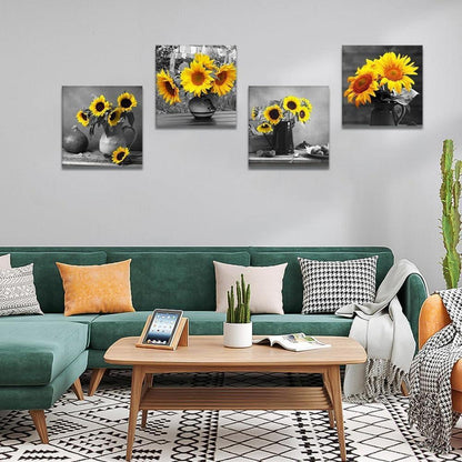 4-teilig Leinwandbild Sonnenblume & Grau - Moderne Wanddekoration 30x30 cm