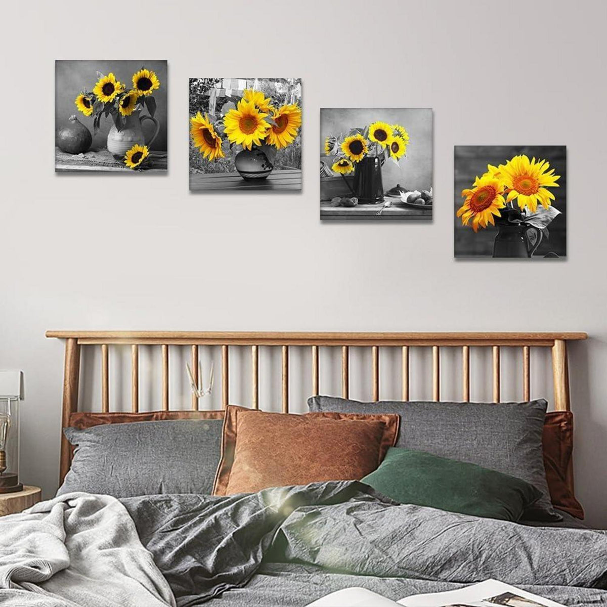 4-teilig Leinwandbild Sonnenblume & Grau - Moderne Wanddekoration 30x30 cm