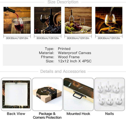Moderne Leinwandbilder Wein 4-teilig 30x30cm Wanddekoration