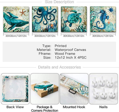 4-teilig Leinwandbilder Blauer Ozean Kreatur 30x30 cm Wanddekoration