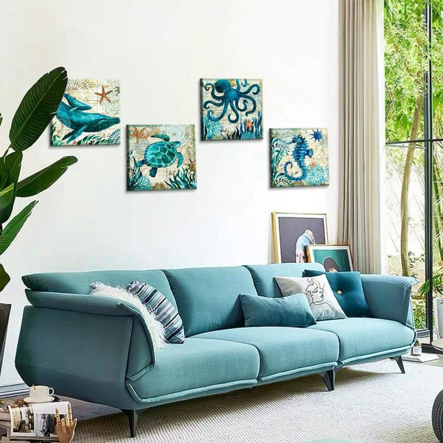 4er Set moderne Leinwandbilder Blauer Ozean Motiv Wanddekoration 30x30 cm