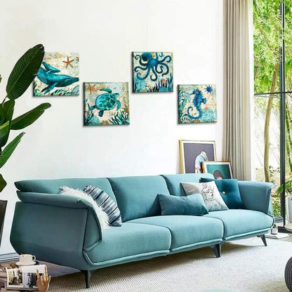 4er Set moderne Leinwandbilder Blauer Ozean Motiv Wanddekoration 30x30 cm