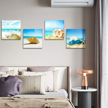 4-teiliges Leinwandbild mit Blauem Himmel und Muschel - Moderne Wanddekoration 30 x 30 cm