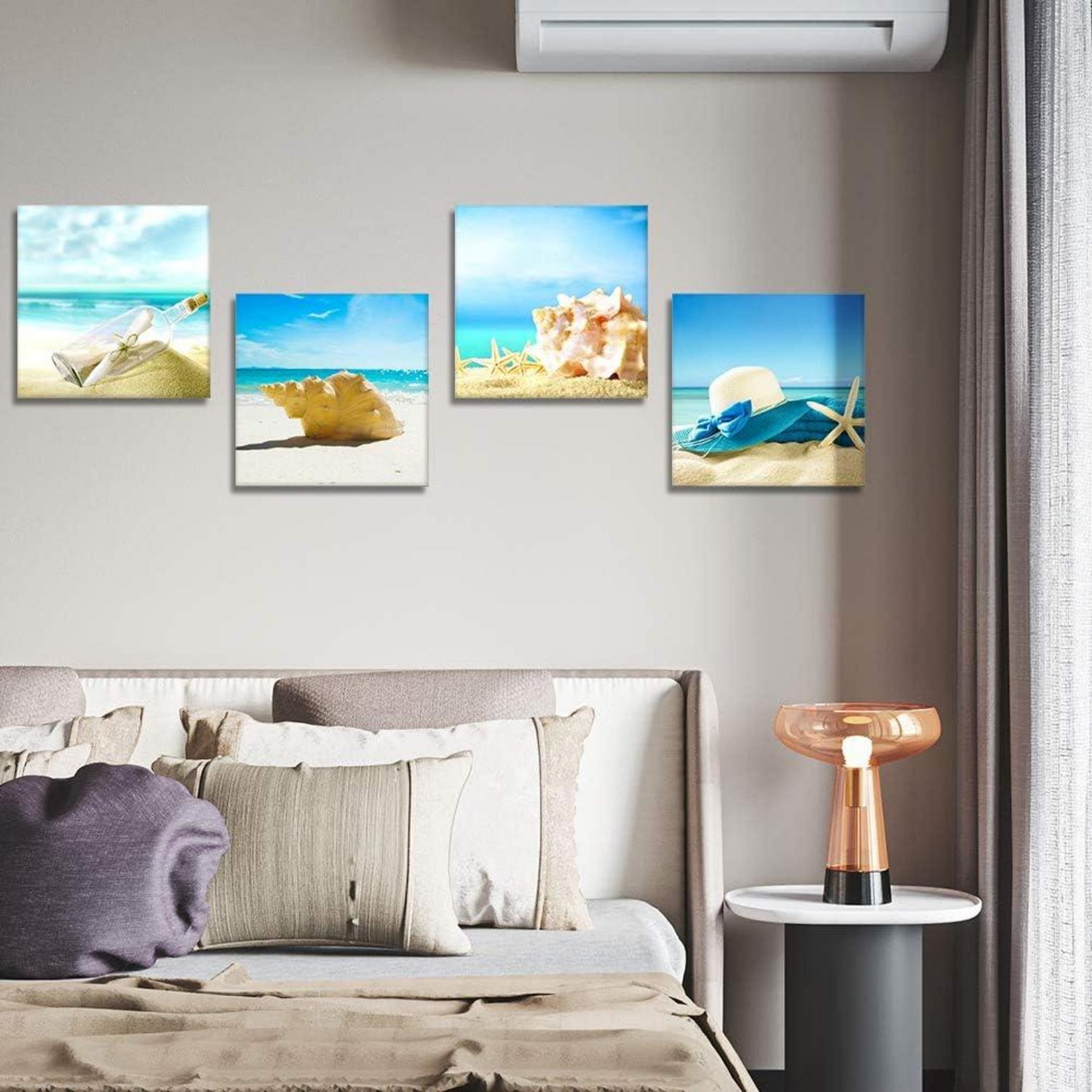 4-teiliges Leinwandbild mit Blauem Himmel und Muschel - Moderne Wanddekoration 30 x 30 cm