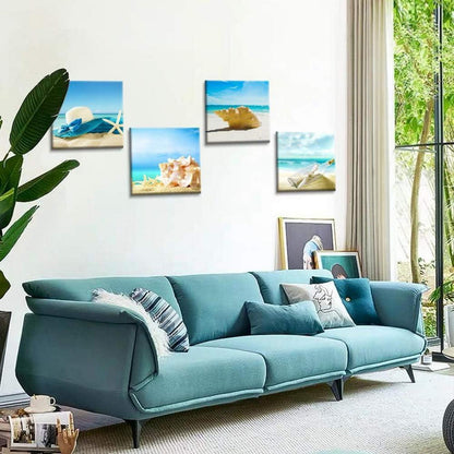 4-teiliges Leinwandbild mit Blauem Himmel und Muschel - Moderne Wanddekoration 30 x 30 cm