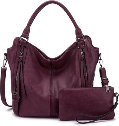 Elegante Damen Lederhandtasche Shopper Set Weinrot