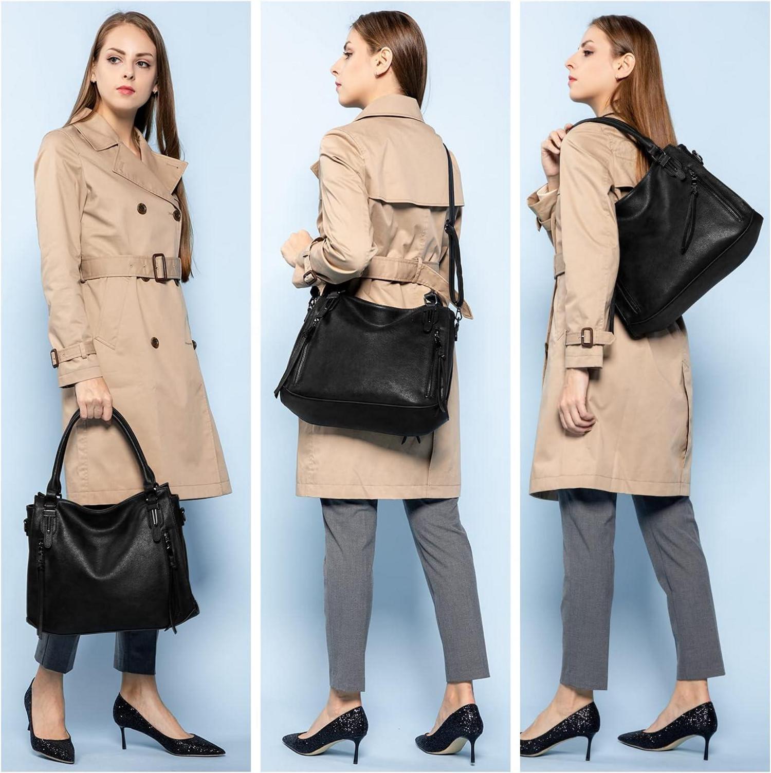 Realer Damen Handtaschen Set Schwarze Hobo Schultertasche 2-teilig