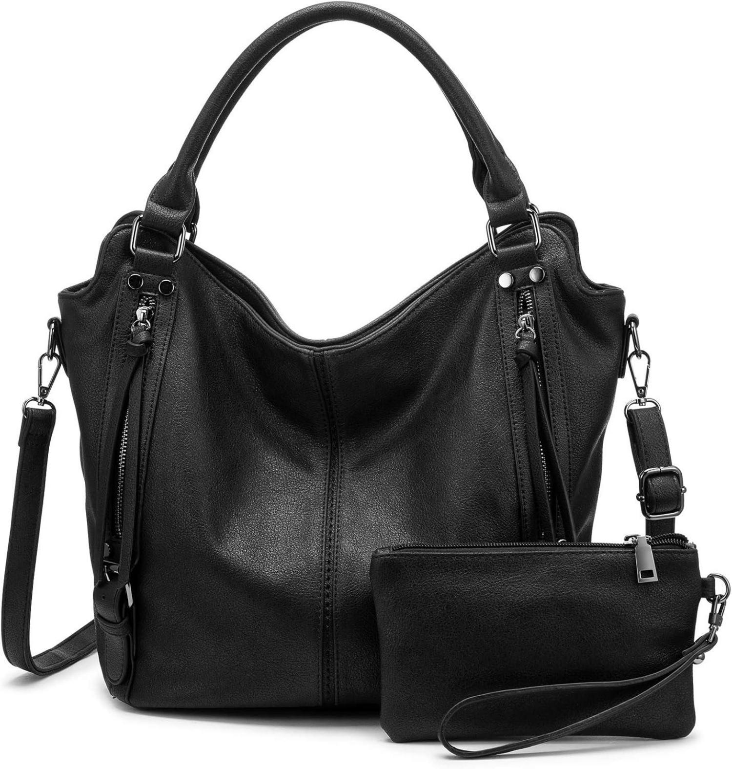 Damen Mittel Handtaschen Set Shopper Leder Umhängetasche Schwarz