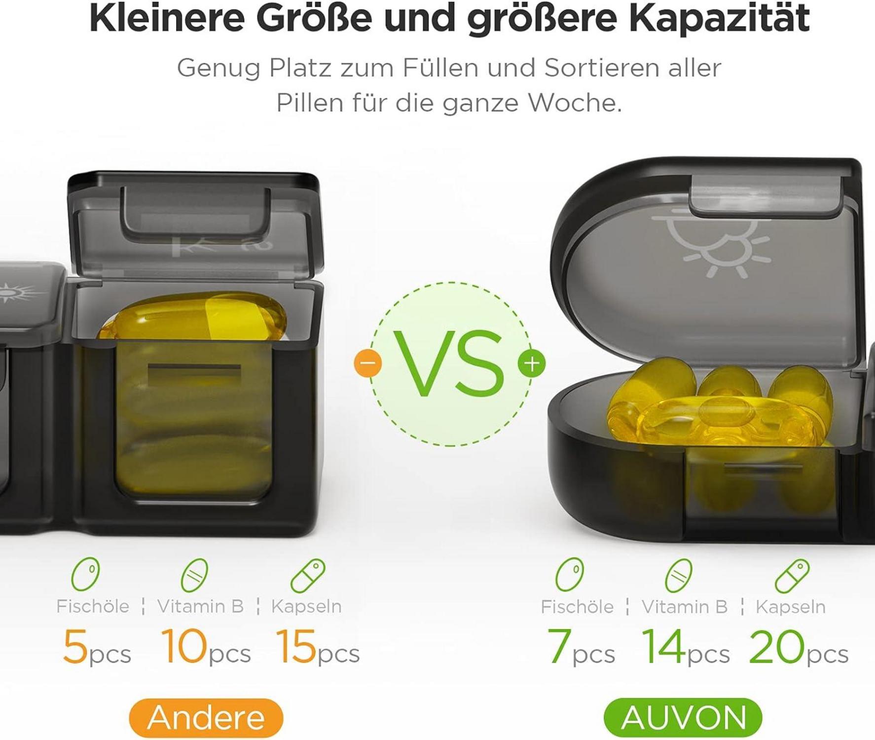 AUVON Pillendose 7 Tage 3 Fächer Schwarz Tablettenbox