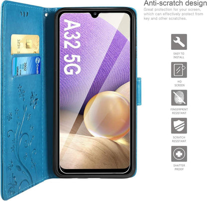 Samsung Galaxy A32 5G Lederhülle mit Schutzfolie Blau