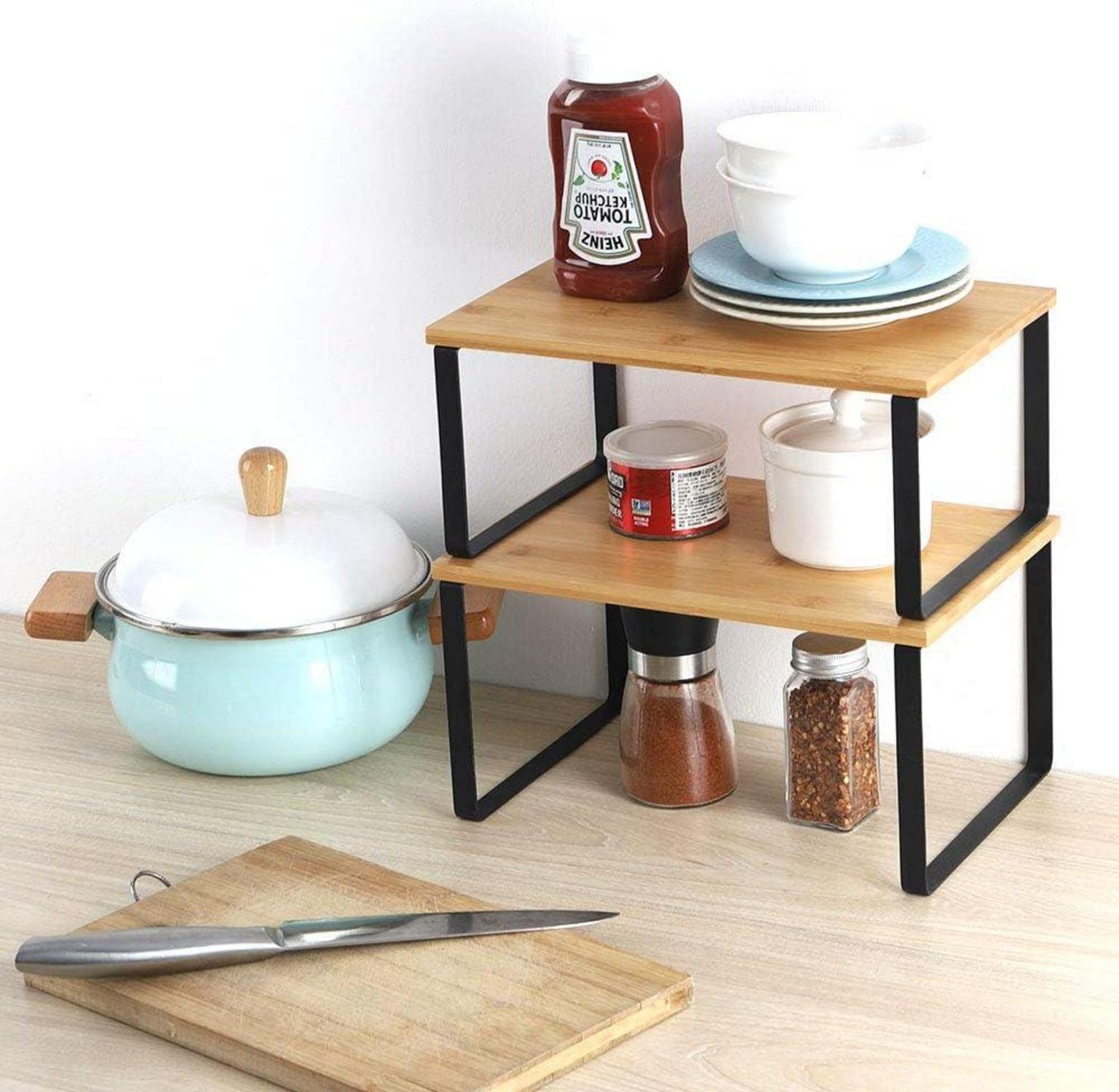 Küchenregal Bambus Stapelbar Erweiterbar Organizer 2er-Set Schwarz