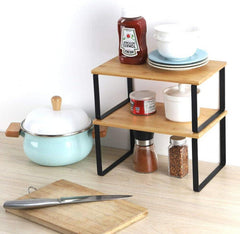 Küchenregal Bambus Stapelbar Erweiterbar Organizer 2er-Set Schwarz
