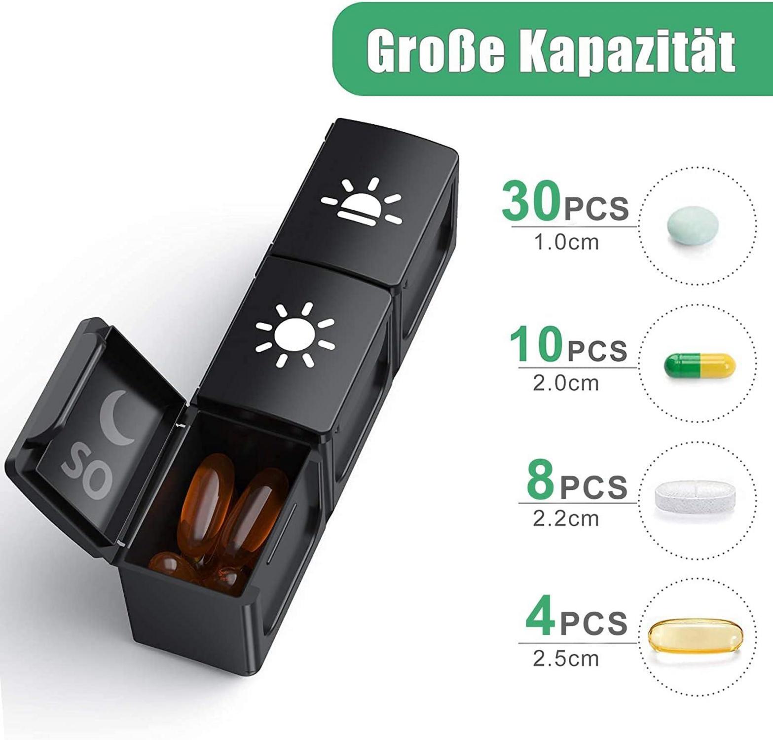 Tablettenbox 7 Tage 3 Fächer Pillendose BPA Frei - Schwarz