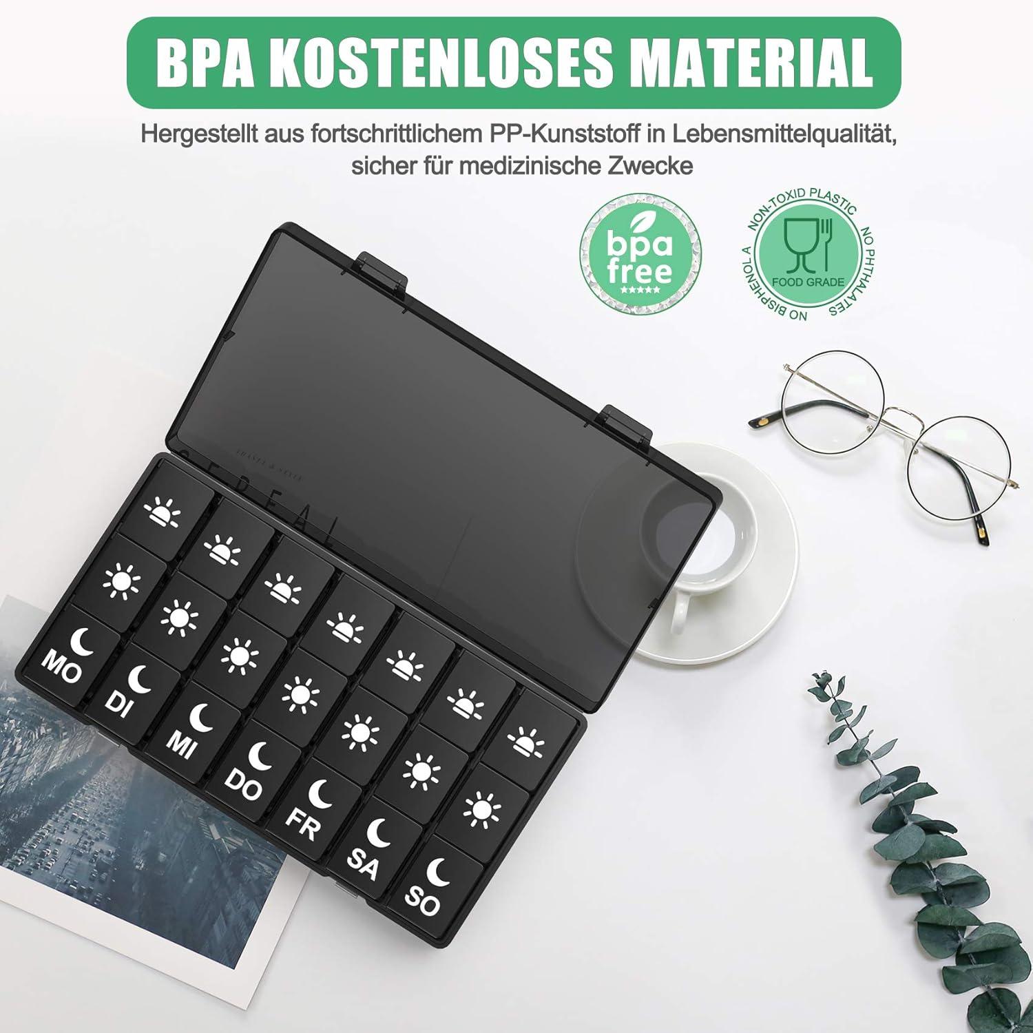 Tablettenbox 7 Tage 21 Fächer Pillendose Schwarz BPA-frei