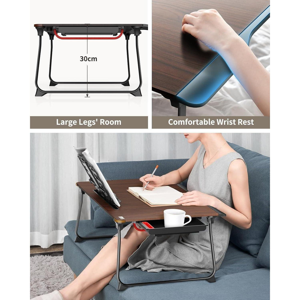 XXL Laptop Tisch für Bett mit Schublade & Ständer (Schwarz Kirsche)