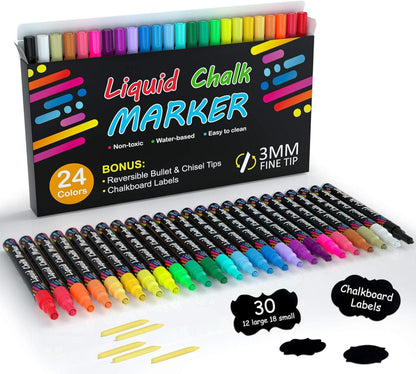 24 bunte Kreidemarker-Set, feine Spitze, abwaschbare Tinte