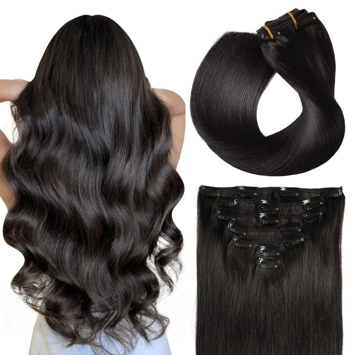 Echthaar Clip-In Extensions Gerade Schwarz 16 Zoll
