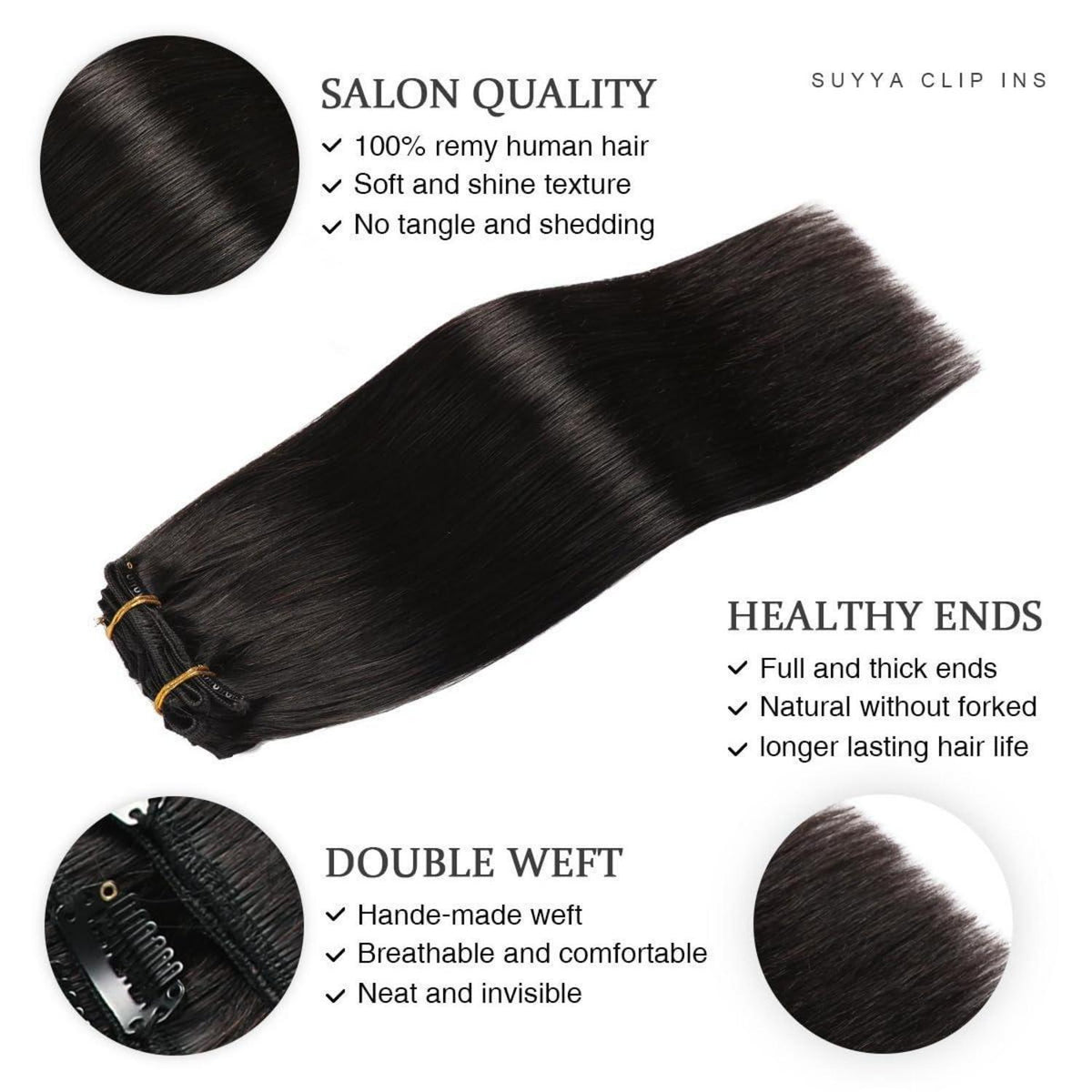 Echthaar Clip-In Extensions Gerade Schwarz 16 Zoll
