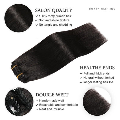 Echthaar Clip-In Extensions Gerade Schwarz 16 Zoll