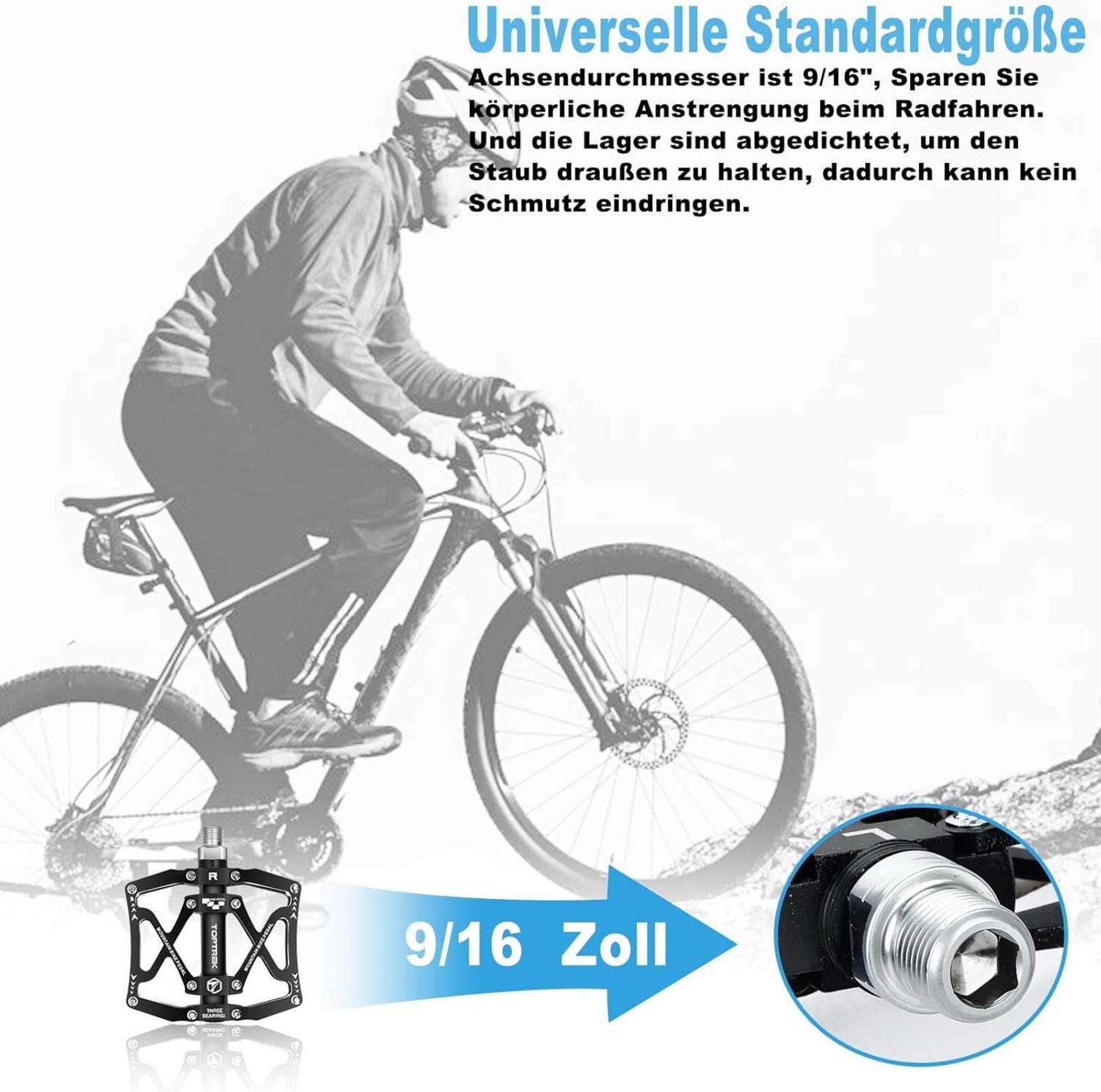 Toptrek Fahrradpedal 9/16 Zoll Aluminium CNC MTB Pedale 3 Lager rutschfest Schwarz