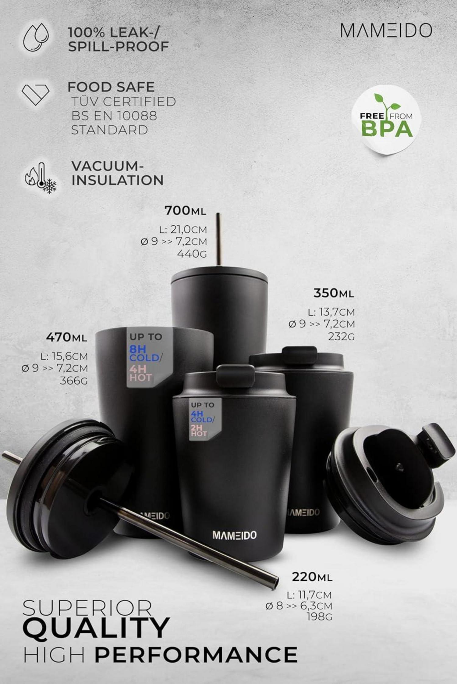 MAMEIDO Thermobecher 350ml Black Marble Edelstahl isoliert warmhaltend