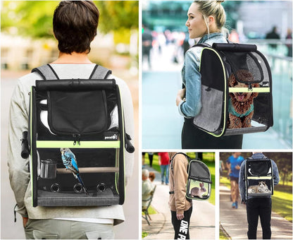 Papagei Rucksack mit Holzstab und Edelstahl-Tablett, 34 x 28 x 43cm, Grau