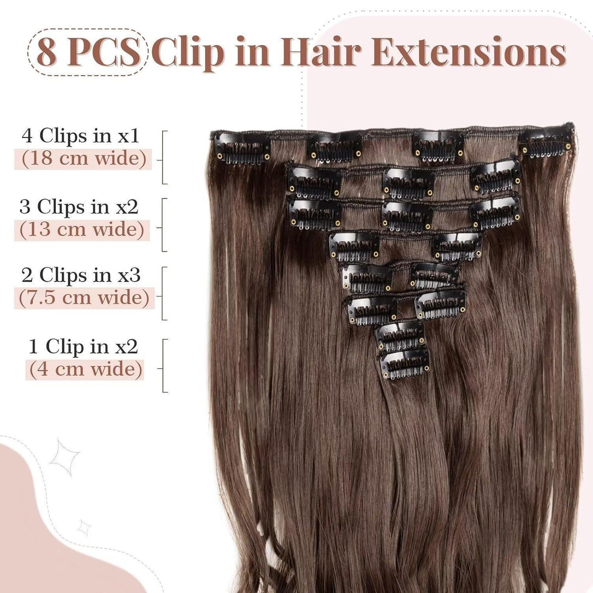 Welliges Haarverlängerung Set – 8 Tressen, 18 Clips, Mittelbraun
