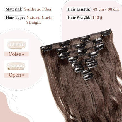 Welliges Haarverlängerung Set – 8 Tressen, 18 Clips, Mittelbraun