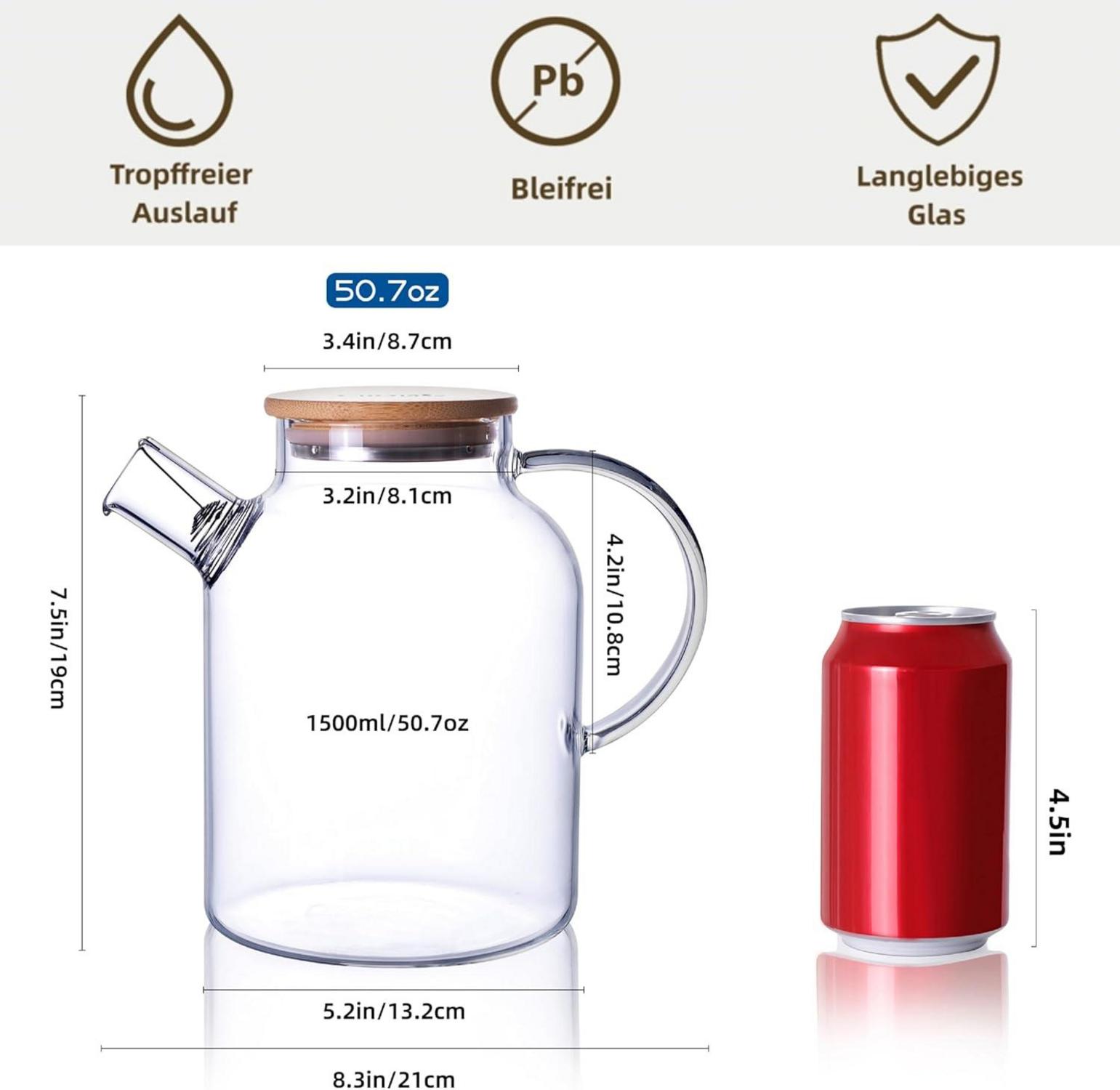 Glasteekanne 1500ML Siebeinsatz Herdsicher lose Blätter Tee