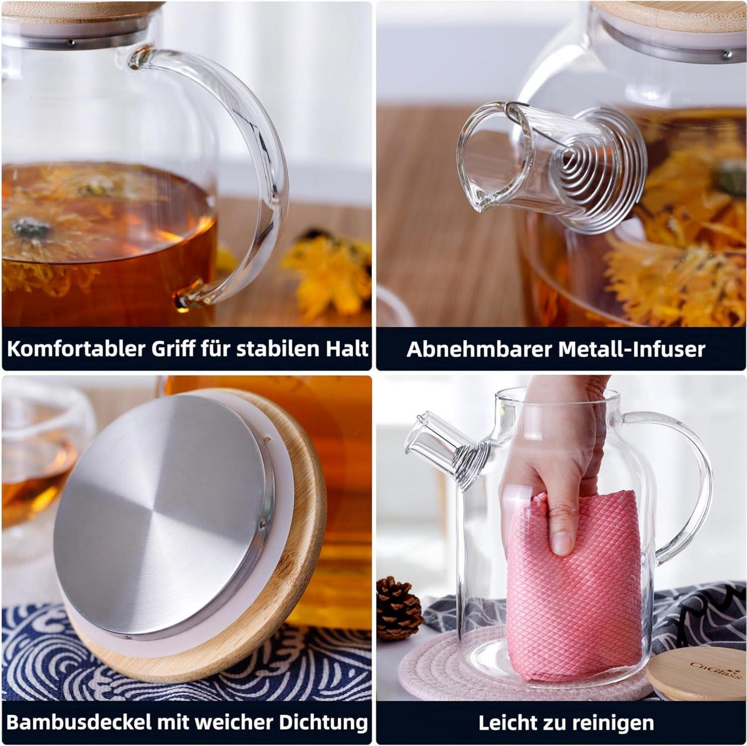 Klare Glasteekanne mit Siebeinsatz 1500ML/50,7OZ HERDSICHER