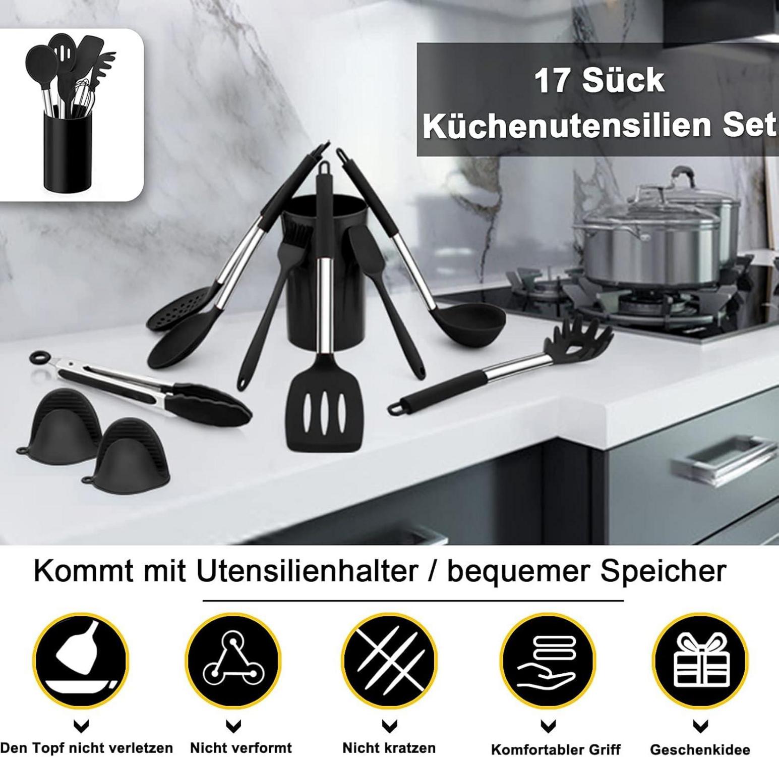 Küchenhelfer Set Silikon Kochutensilien Antihaft Edelstahl Schwarz
