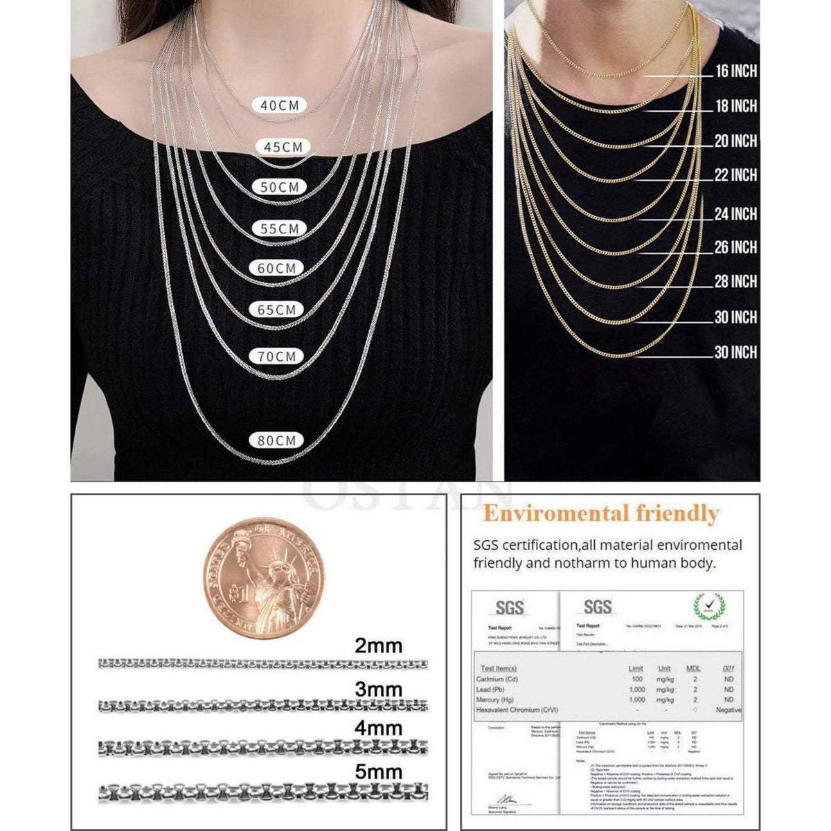 Edelstahl Seilkettenhalskette für Damen und Herren, 1,5-5,0 mm Breite, 45-80 cm Länge