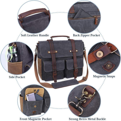NUBILY Aktentasche Herren Umhängetasche Leder Canvas 15,6 Zoll Laptop