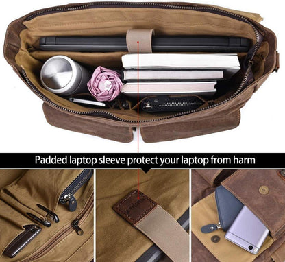 Aktentasche Herren Umhängetasche Leder Canvas Schultertasche 15,6 Zoll Laptop