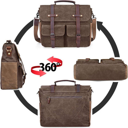 Aktentasche Herren Umhängetasche Leder Canvas Laptop 15,6 Zoll