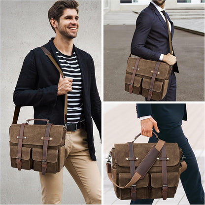 NUBILY Herren Aktentasche Umhängetasche Leder Canvas 15,6 Zoll Laptop